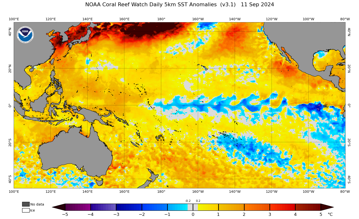 weather graph shows signature La Niña cool tongue of water along the equator is slowly expanding to the west from South America