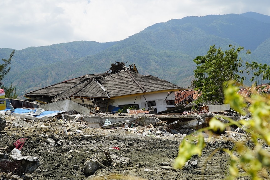 A wrecked house covered in mud and debris up to its windows and roof