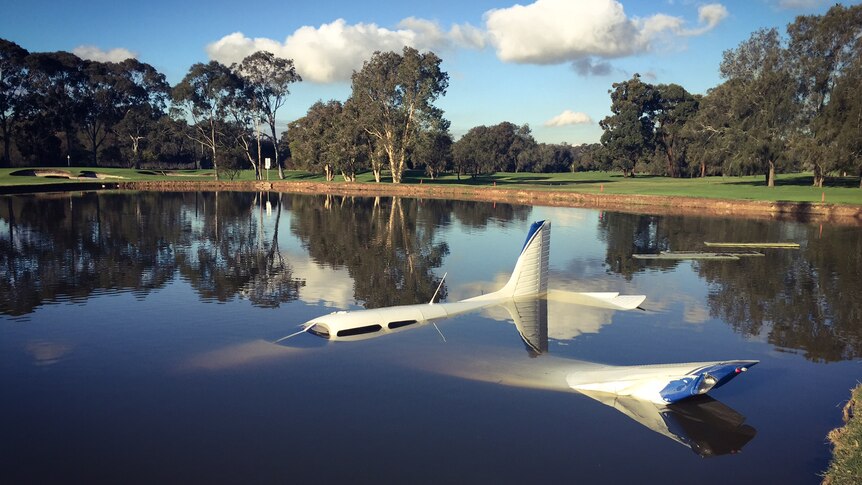 Light plane submerged in manmade lake on golf course.