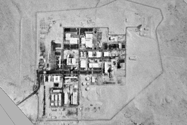 A black and white satellite image of a nuclear facility