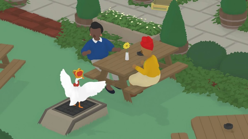A cartoon goose wearing a crown and hassling civilians in a screengrab from Untitled Goose Game.
