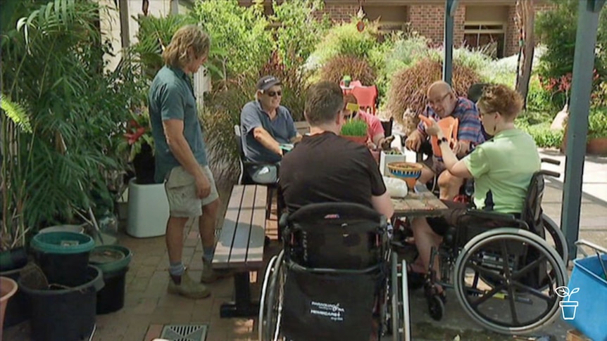 Group of people in wheelchairs sitting at outdoor table potting up plants and watering them
