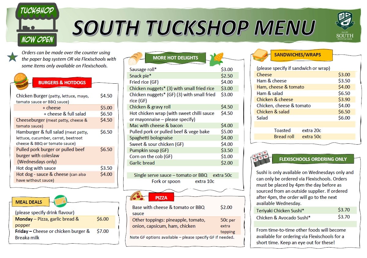 A school tuckshop menu
