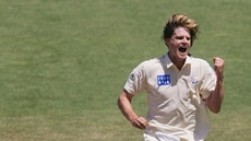 Nathan Bracken celebrates the wicket of Graham Manou