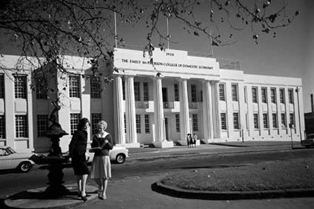 A black and white photo of the Emily MacPherson College of Domestic Economy, Melbourne, 1959.