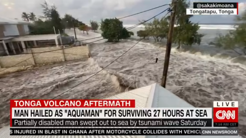 Pic of the TV news and water rushing in
