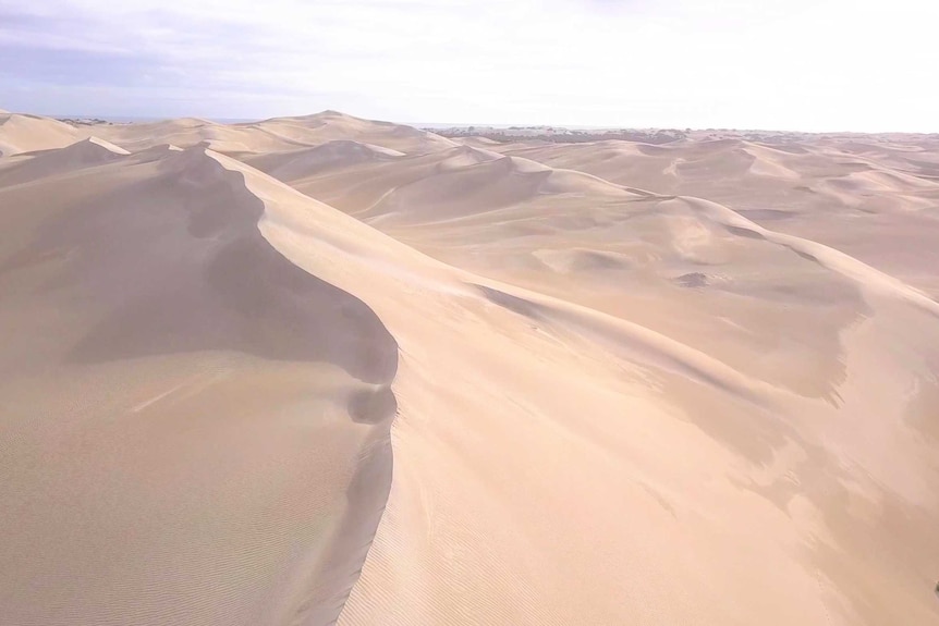 Wide shot from drone above showing white sandhill ridges and the blue ocean beyond