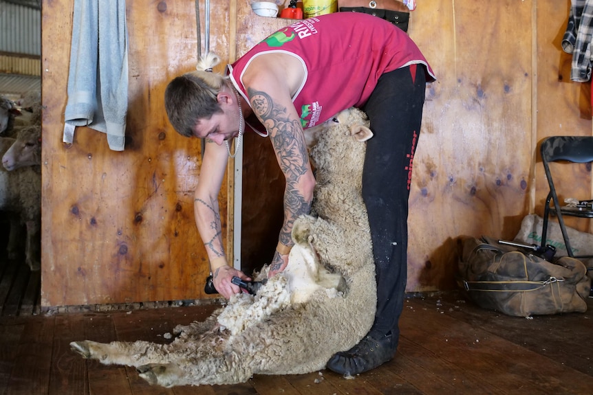 A man wearing a red singlet with tattoos standing with his arms crossed and wool bales behind him. 