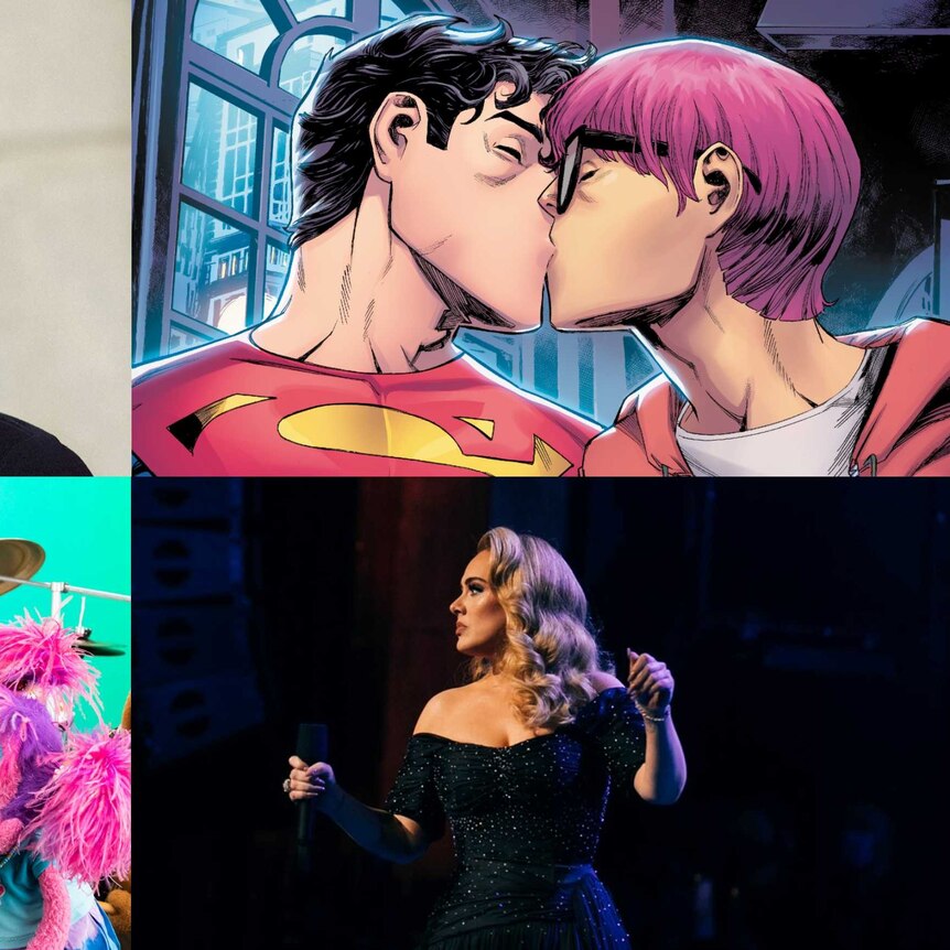 4 images: a man smiles, Superman kisses a pink haired man, Adele faces away, Sesame street new character Ji-Young on guitar