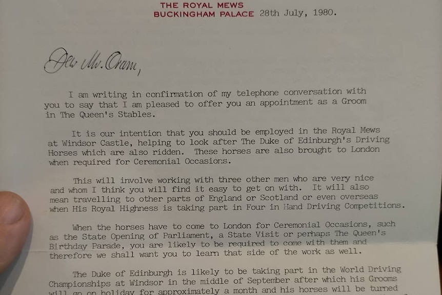 A letter with "the Royal News" printed at the top, inviting Bill Oram to work in Prince Philip's stables