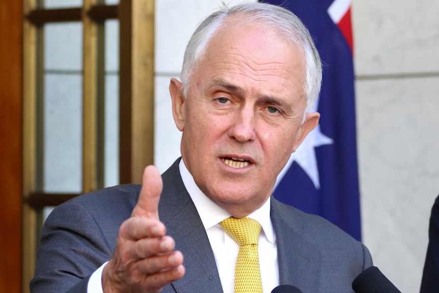 Malcolm Turnbull gestures as he speaks at an outdoor podium at Parliament House in Canberra.