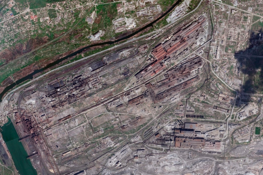 Satellite image shows damage at the  Azovstal steelworks.