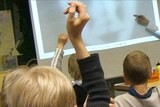 Primary school students raise their hands in the classroom