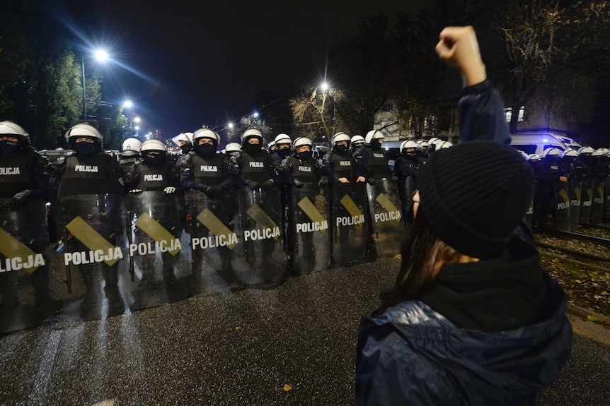 A person wearing a raincoat stands alone on a dark street facing a line of police clad in riot gear.