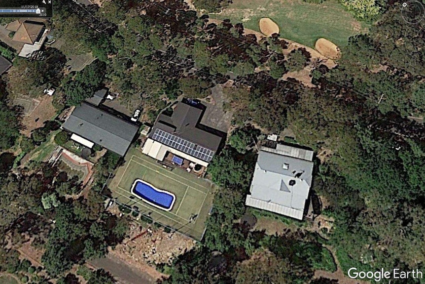 An aerial view of Adrian Pederick's second property, in the Mount Osmond, showing a pool in the yard and solar panels