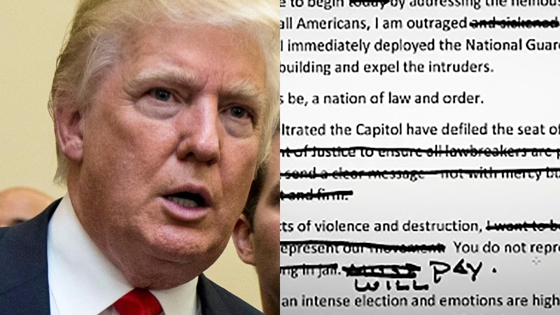 A composite image of Donald Trump next to his original January 7 speech, where lines have been crossed out. 