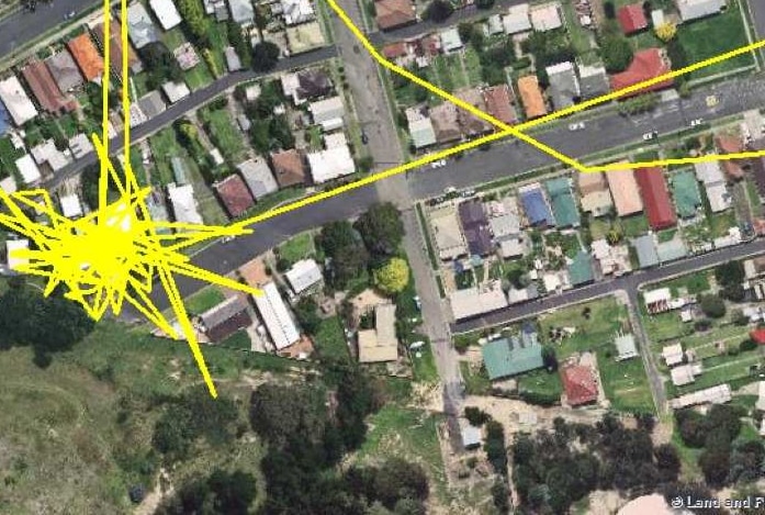 Four aerial shots of houses and bushland with yellow lines scribbled over the top of each one