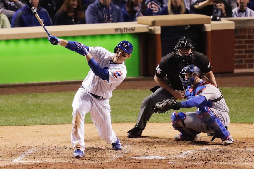 Chicago Cubs' Anthony Rizzo watches his home run against the LA Dodgers on October 22, 2016.