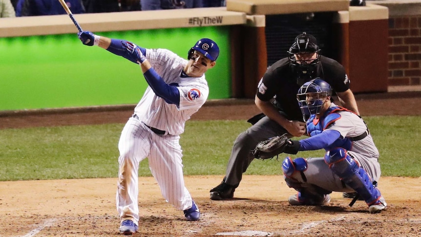 Anthony Rizzo hits a home run for the Chicago Cubs against the Los Angeles Dodgers