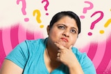 Woman looking confused with question marks above her head.