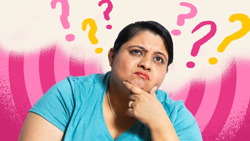 Woman looking confused with question marks above her head.