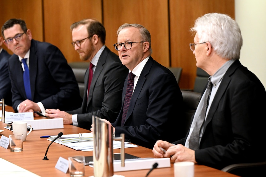 Anthony Albanese speaks with state and territory leaders in a conference room.