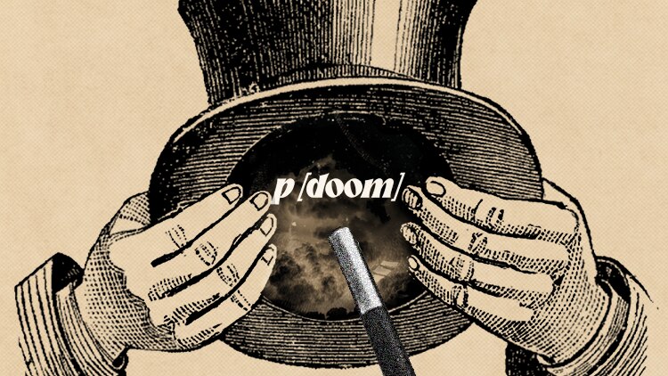A stylised illustration of a magicians hat and wand. The words "p/doom" are underneath the hat.
