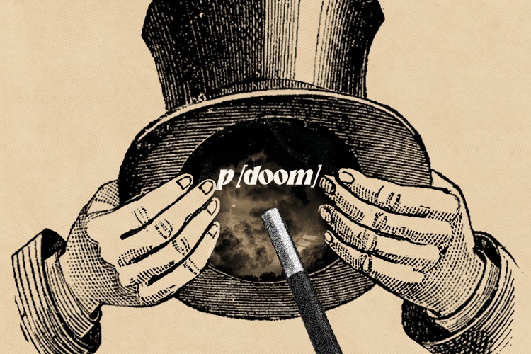 A stylised illustration of a magicians hat and wand. The words "p/doom" are underneath the hat.