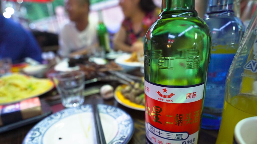 Bottle of Baijiu on a dinner table in Beijing