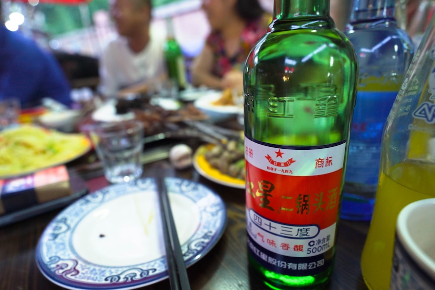 Bottle of Baijiu on a dinner table in Beijing