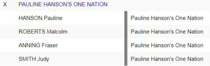 A Ballot ticket shows the four QLD senate candidates from One Nation.