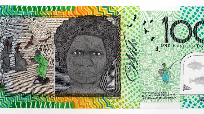 The green Australian $100 with a portrait of Gladys Tydbingoompa and rich, detailed iconography
