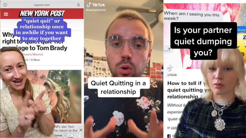 three screenshot of tiktoks of a woman, man and a woman talking about quiet quitting in relationships 