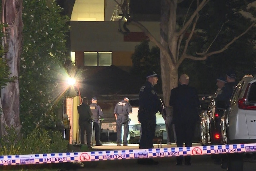 Several police stand beside a building at night.