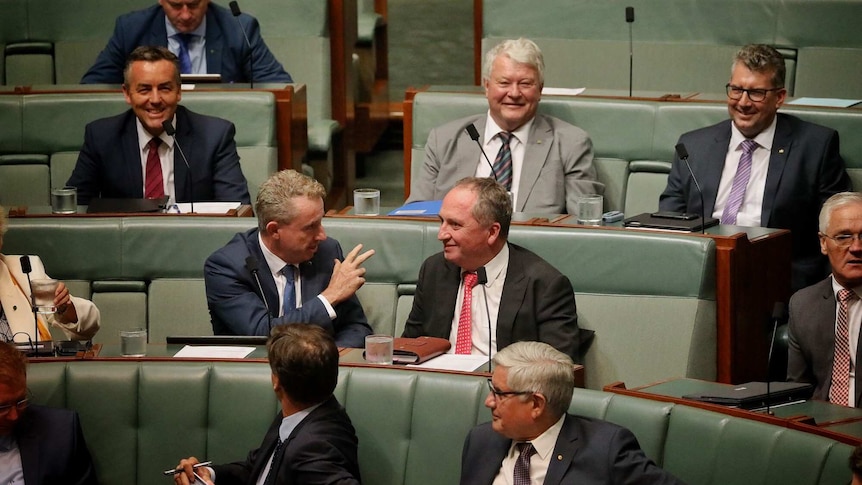 Barnaby Joyce takes his new seat on the backbench. He is wearing a pink tie and surrounded by his Nationals colleagues.