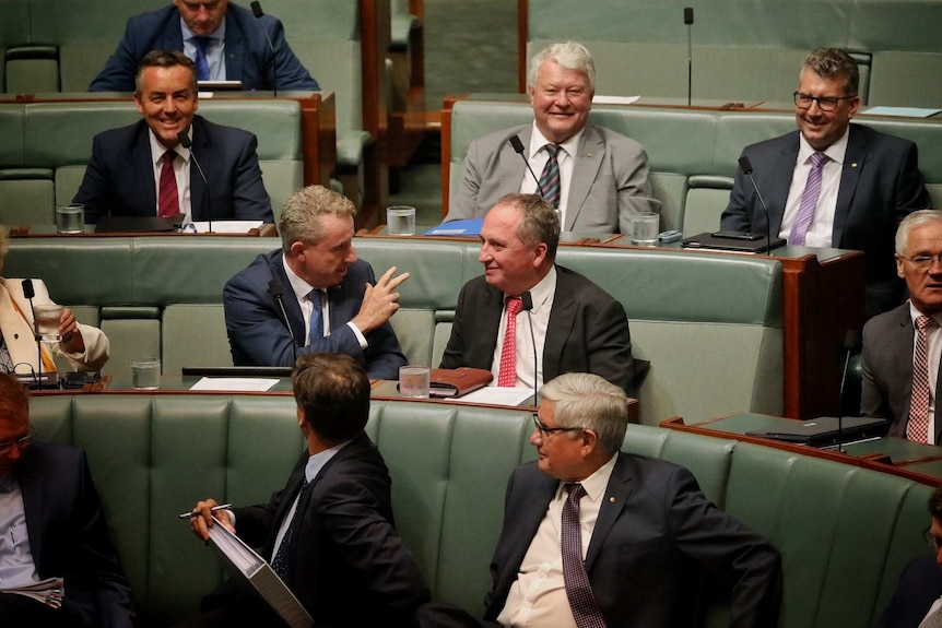 Barnaby Joyce takes his new seat on the backbench. He is wearing a pink tie and surrounded by his Nationals colleagues.