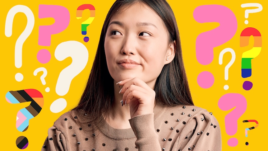 A person is questioning something looking to the left, cut out against a yellow background with progress flag question marks. 