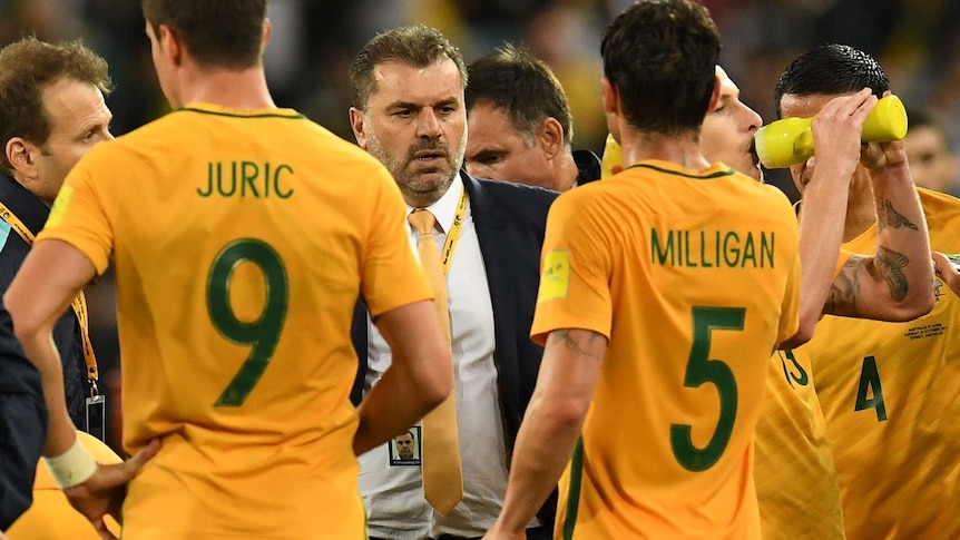 Ange Postecoglou with his Socceroos charges after beating Syria