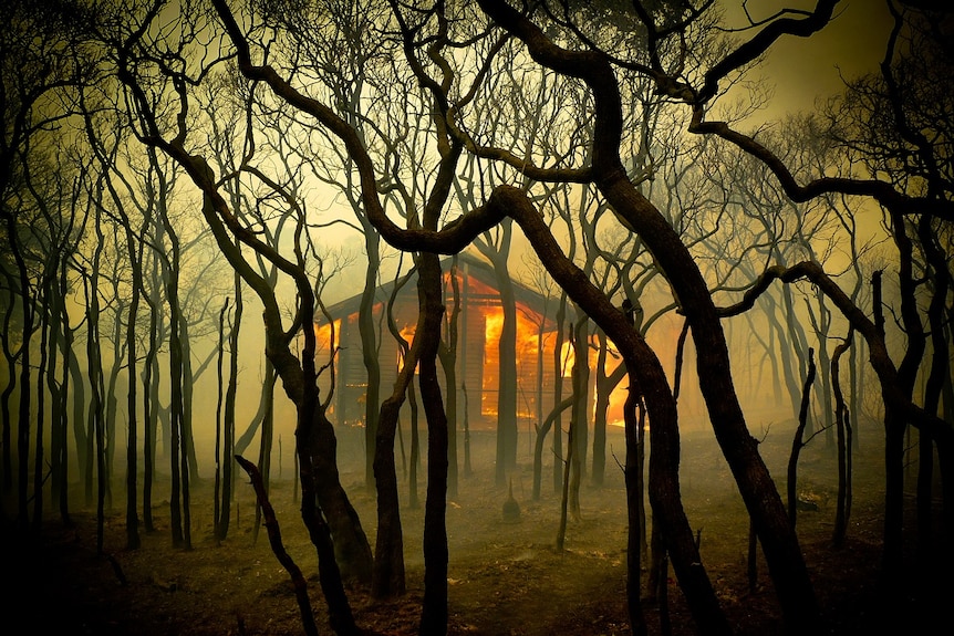 Fire burning a shed during the Margaret River fires.