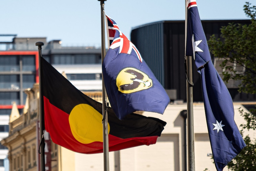 The Aboriginal flag, South Australian flag, and Australian flag.