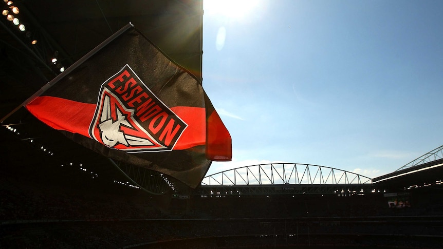 An Essendon flag flies high at Docklands before the Bombers' match with Fremantle in April 2010.