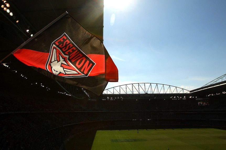 Essendon generic: a Bombers flag flies in a silhouetted Docklands