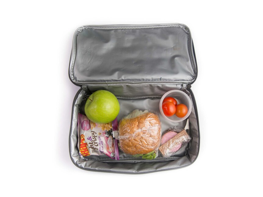 A chicken lettuce and mayo sandwich, a packet of Shapes, biscuits, cherry tomatoes, and an apple in a lunch box.