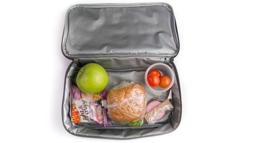 A chicken lettuce and mayo sandwich, a packet of Shapes, biscuits, cherry tomatoes, and an apple in a lunch box.