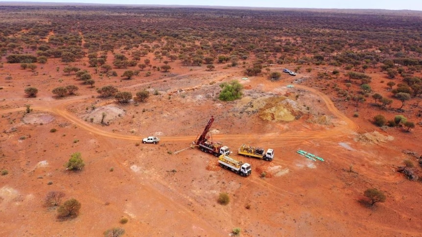 A drone photograph of a drill rig working in outback Australia.  