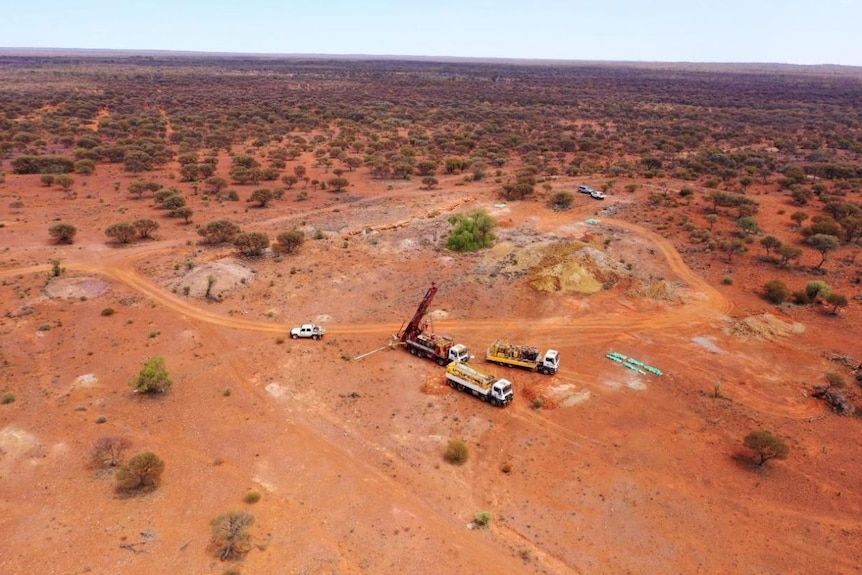 A drone photograph of a drill rig working in outback Australia.  