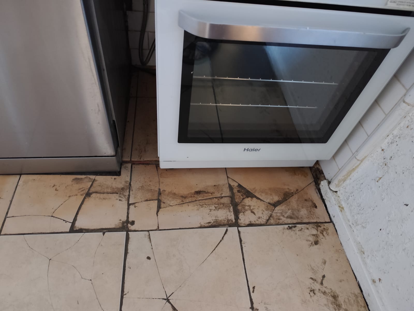 Azulejos rotos en la cocina de un apartamento compartido en ruinas