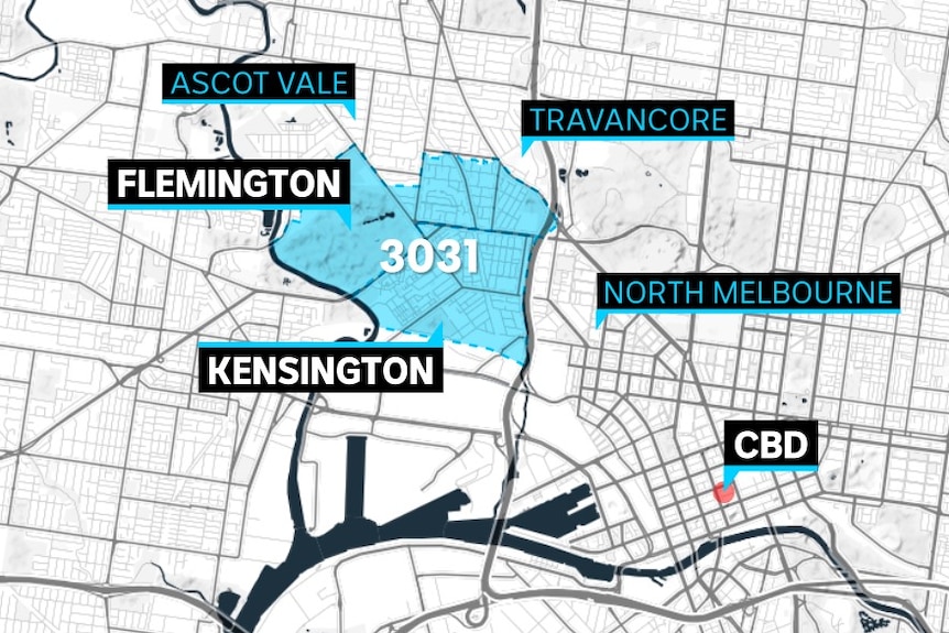A graphic map of the 3031 postcode and where it sits in relation to other suburbs in Melbourne.