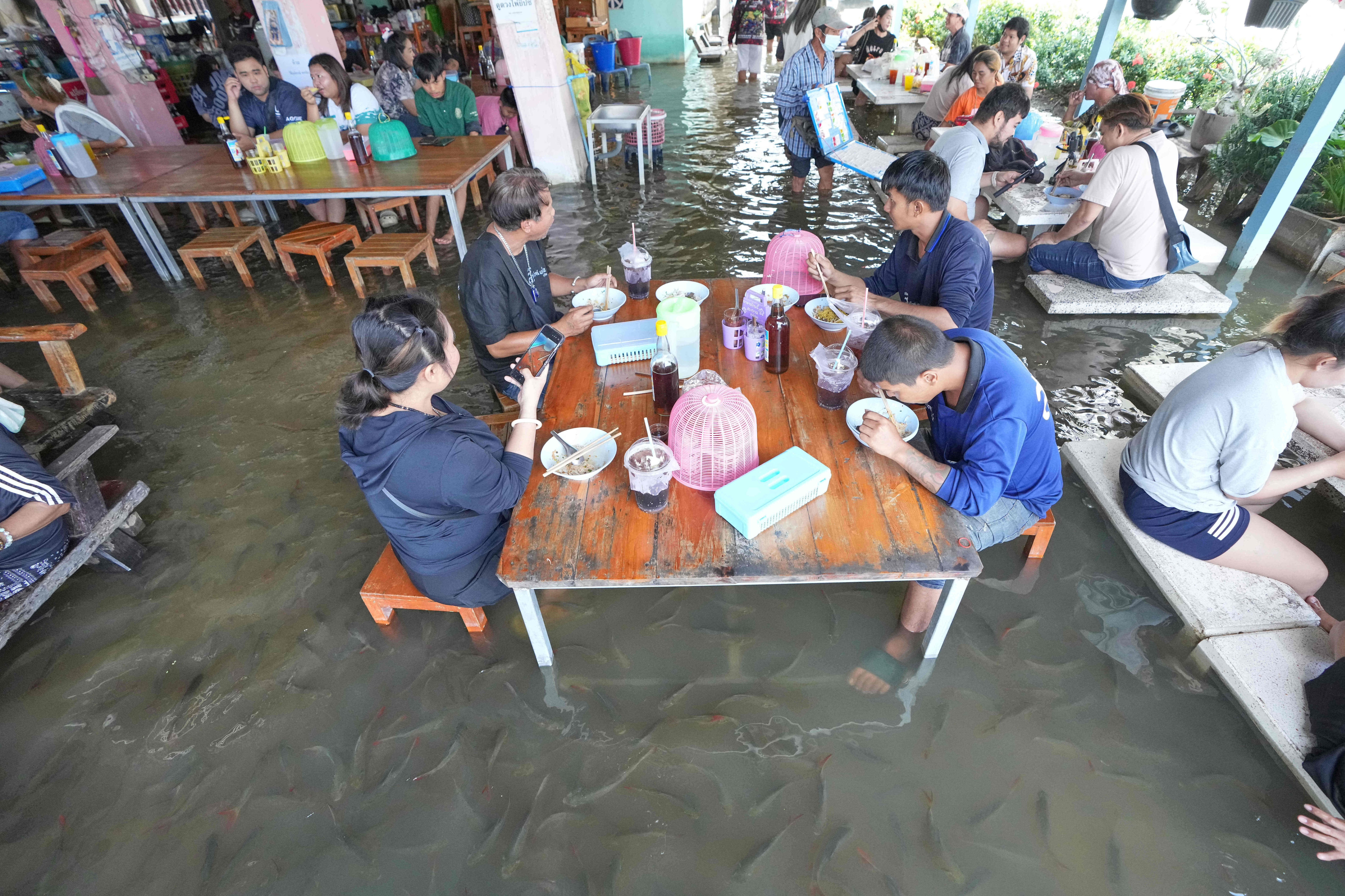 Os clientes do restaurante inundado Pa Jit desfrutam de suas refeições enquanto os peixes nadam ao redor deles e das mesas.