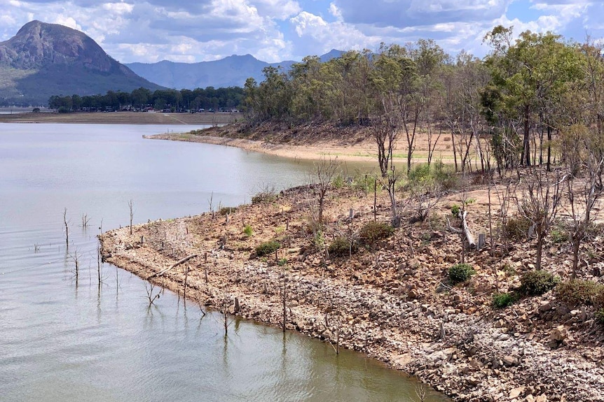 Dry Lake Moogerah banks from Moogerah Dam in 2020, near Boonah in south-west Queensland.